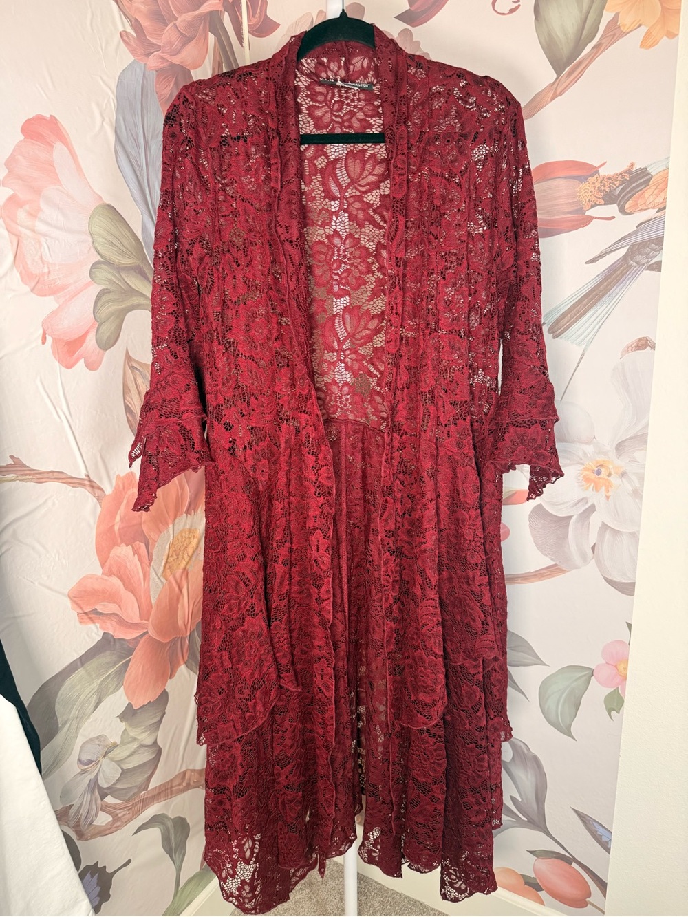 Vintage Pyramid Collection Burgundy Lace Duster Cardigan Whimsygoth Large